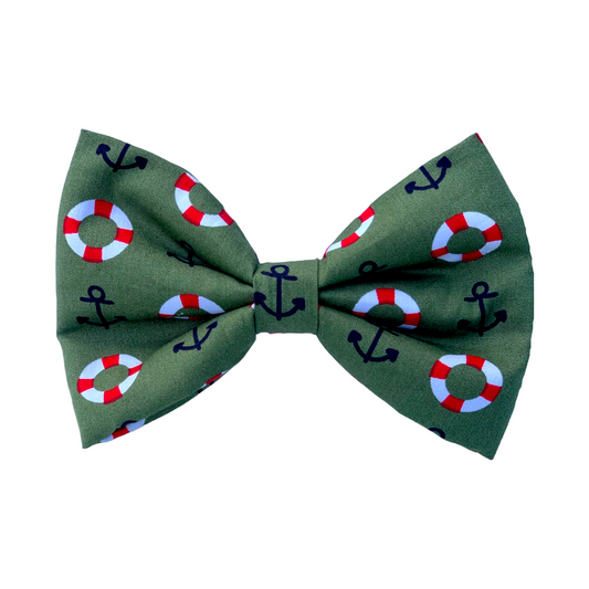 Nautical-Inspired Olive Green Dog Collar Bow Tie with black Anchors