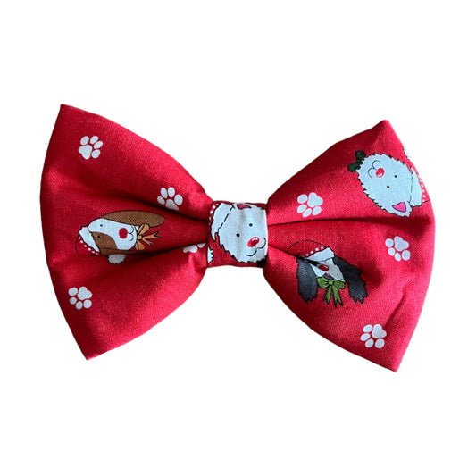 Festive Red Christmas Dog Collar Bow Tie with Adorable Santa Dogs