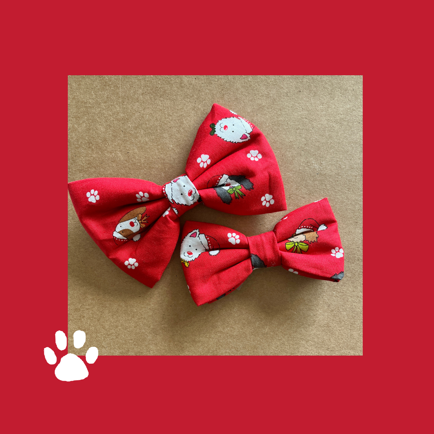 Festive Red Christmas Dog Collar Bow Tie with Adorable Santa Dogs