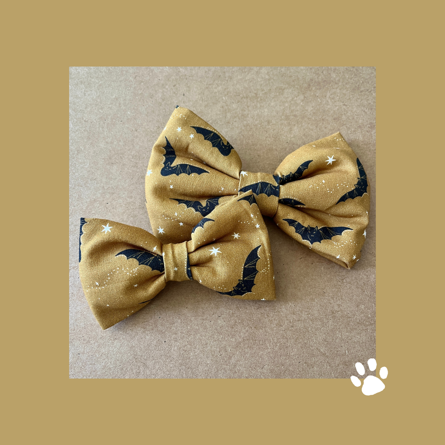 Harvest Gold Dog Collar Bow Tie with Black Bats & White Stars