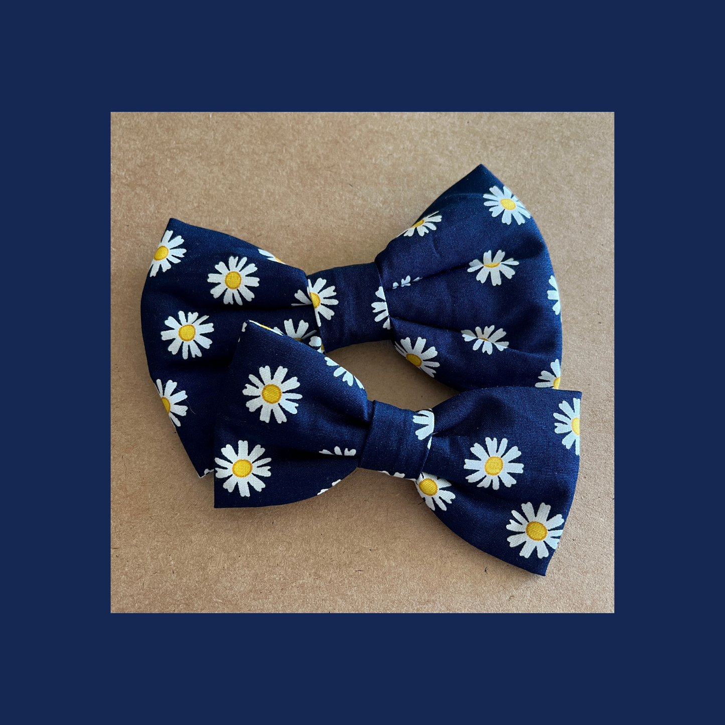 Navy Blue Dog Collar Bow Tie with Cute Daisy Flowers