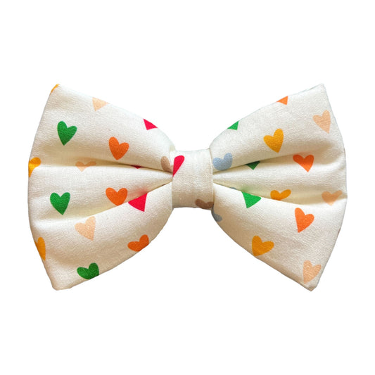 Off White Dog Collar Bow Tie with Multicolored Hearts