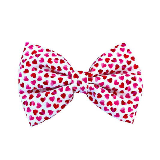 White Dog Collar Bow Tie with Cute Pink & Red Hearts