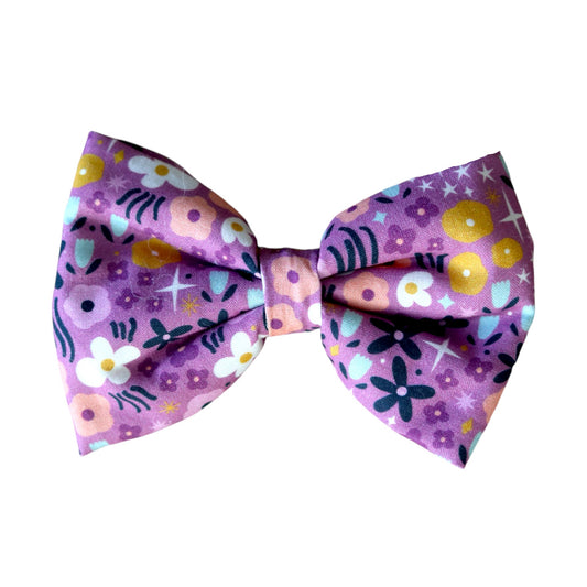 Purple Floral Dog Bow Tie with Cute White Stars