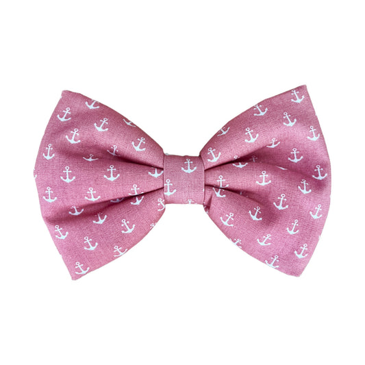 Nautical-Inspired Pink & White Anchors Dog Collar Bow Tie