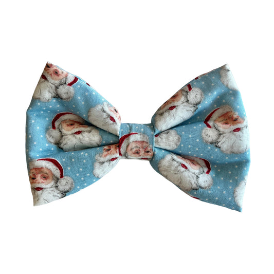 Festive Blue Dog Collar Bow Tie with Cute Santa Design
