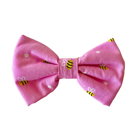 Bright Pink Dog Collar Bow Tie with Honey Bees